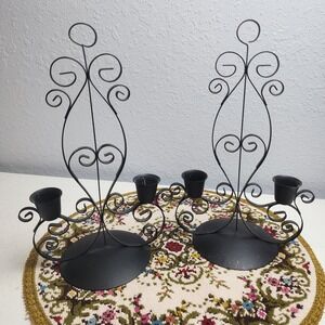 Vintage 70's Norleans Metal‎ Scroll Candle Holder Set of 2, Ornate Gothic Black
